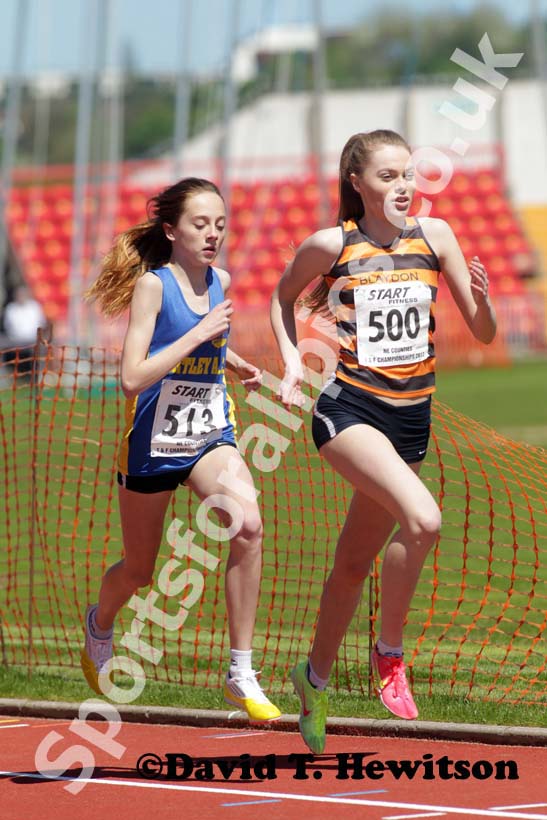Sophie Montgomery (Blaydon) leads Sophie Burnett (Birtley) in the under-17s800 metres.